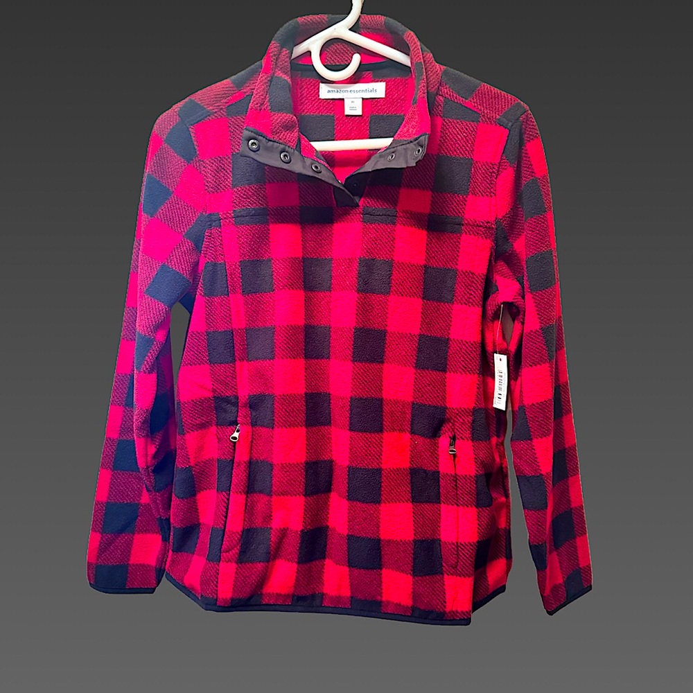 *NWT* Amazon Essentials Red & Black Fleece Pullover XS